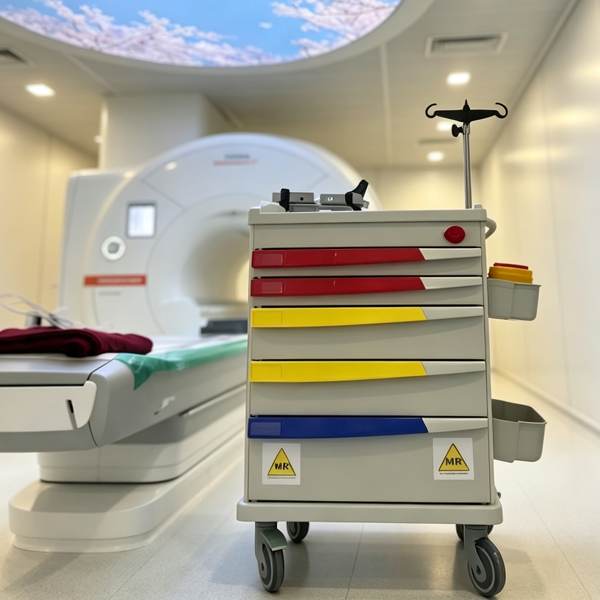 MRI EMERGENCY CART with I.V pole and defibrillator tray