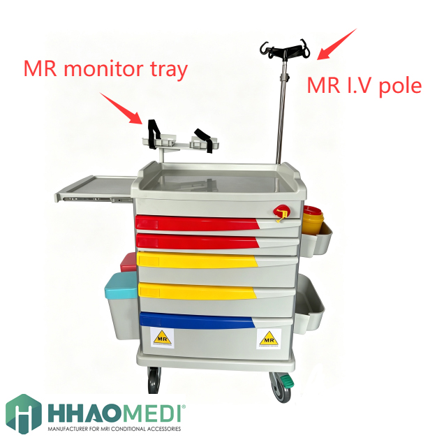 MRI EMERGENCY CART with I.V pole and defibrillator tray