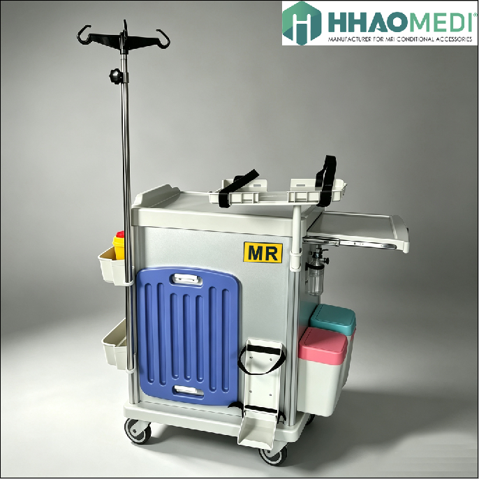 MRI compatible emergency cart with oxygen cylinder holder/ I.V pole/ defibrillator tray/ CPR board