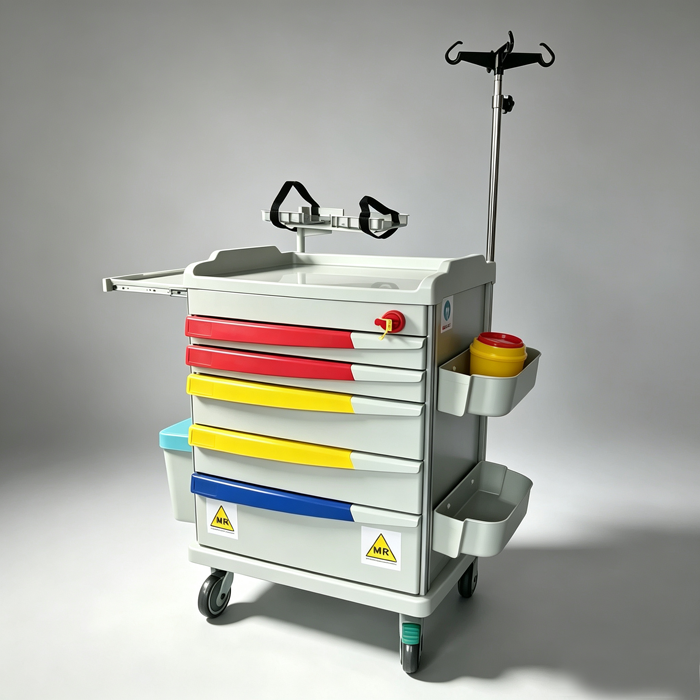 MRI Non-Magnetic Emergency Trolley with I.V pole and defibrillator tray