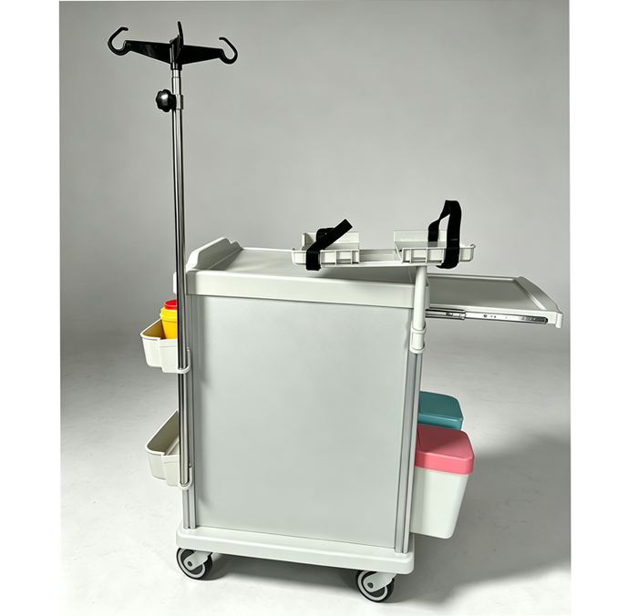 MRI Non-Magnetic Emergency Trolley with I.V pole and defibrillator tray