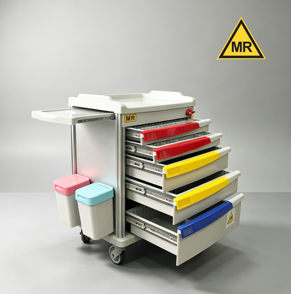 MRI compatible medication trolley with drug divider