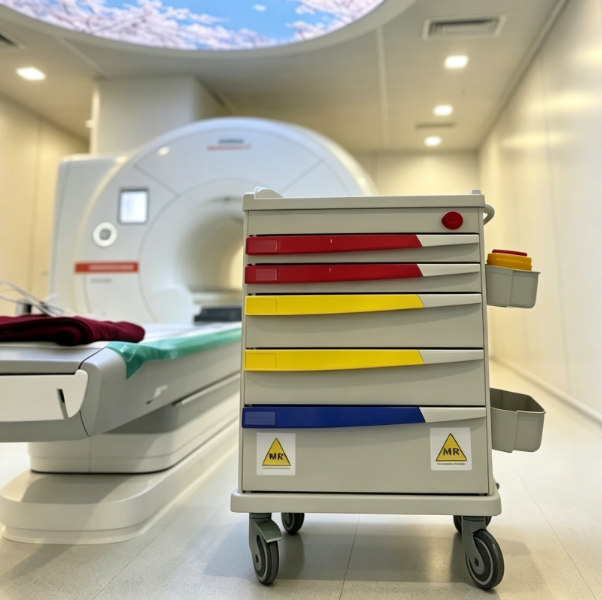 MRI compatible medication trolley with drug divider